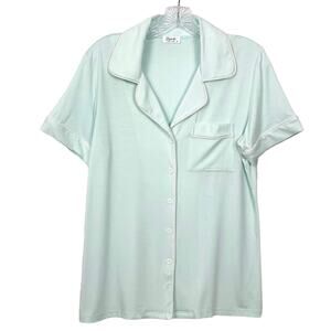 NWOT JOYARIA Pajama Top Women M Blue White Trim Short Sleeve Button Up Collar